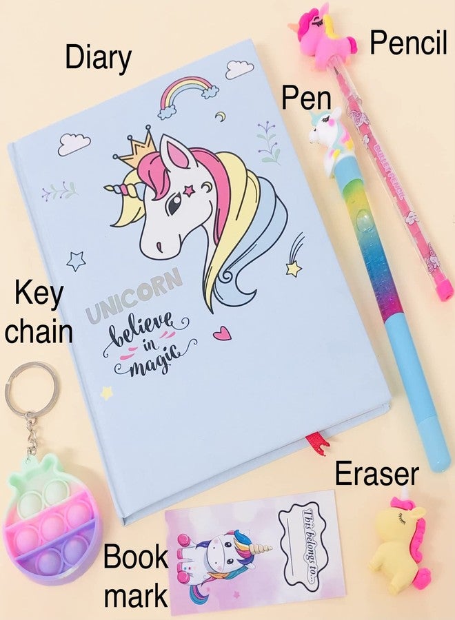 Le Delite Unicorn diary for girls kids/school stationery journals scrapbook (pack of 6)/ notebook with water glitter pen, disco pencil, eraser, pop it up keychain and bookmark - Image 3