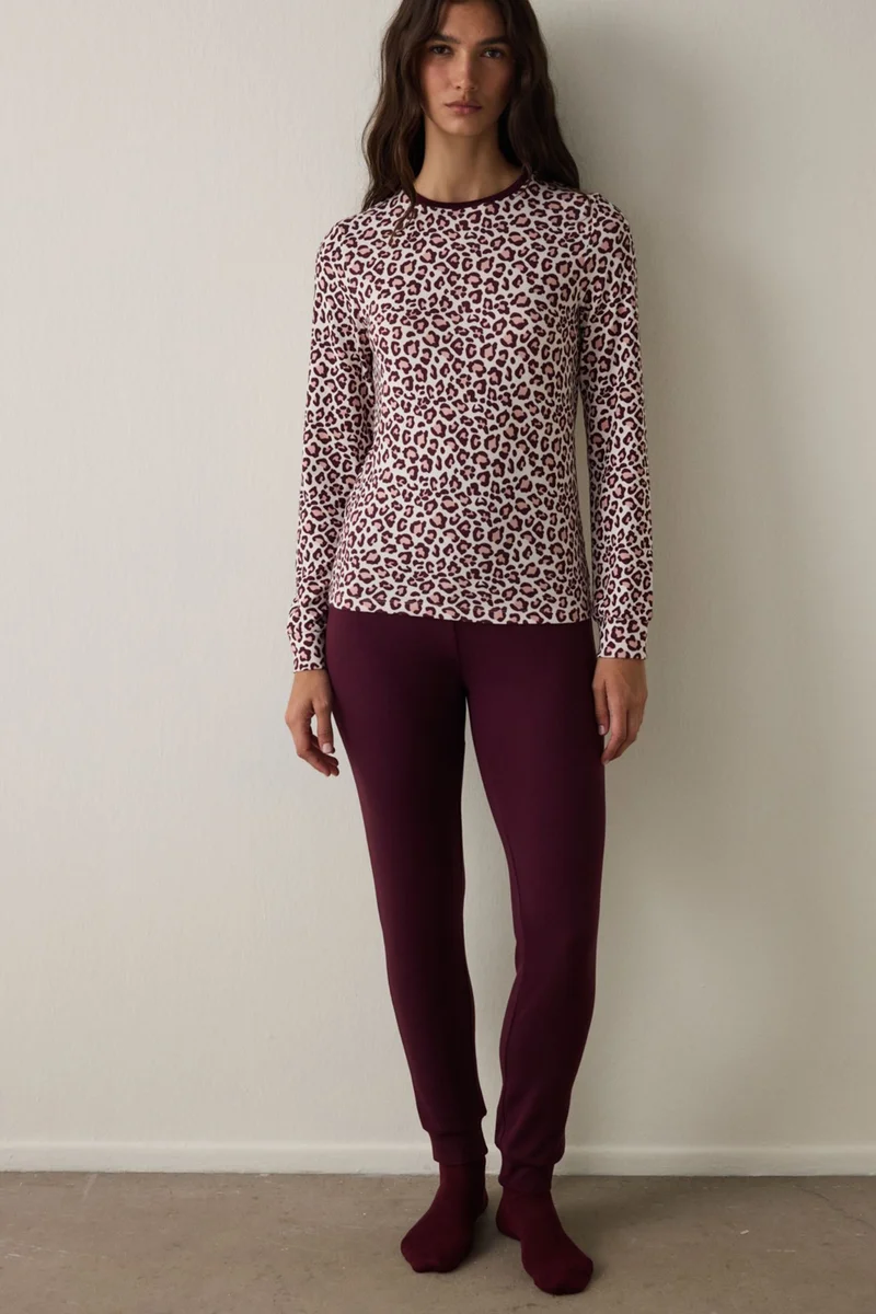بنتي PENTI Leopard Print Long Sleeve Thermal Effect Pajama Top