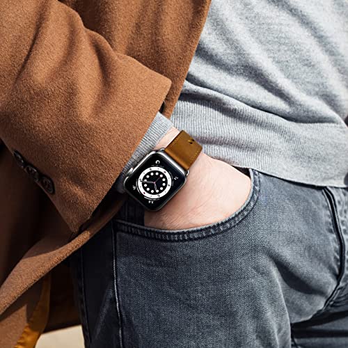 OUHENG Leather Bands Compatible with Apple Watch Band 42mm/41mm/40mm/38mm, Genuine Leather Replacement Strap for iWatch SE3 SE2 SE Series 11 10 9 8 7 6 5 4 3 2 1 (Retro Brown/Silver) - Image 4