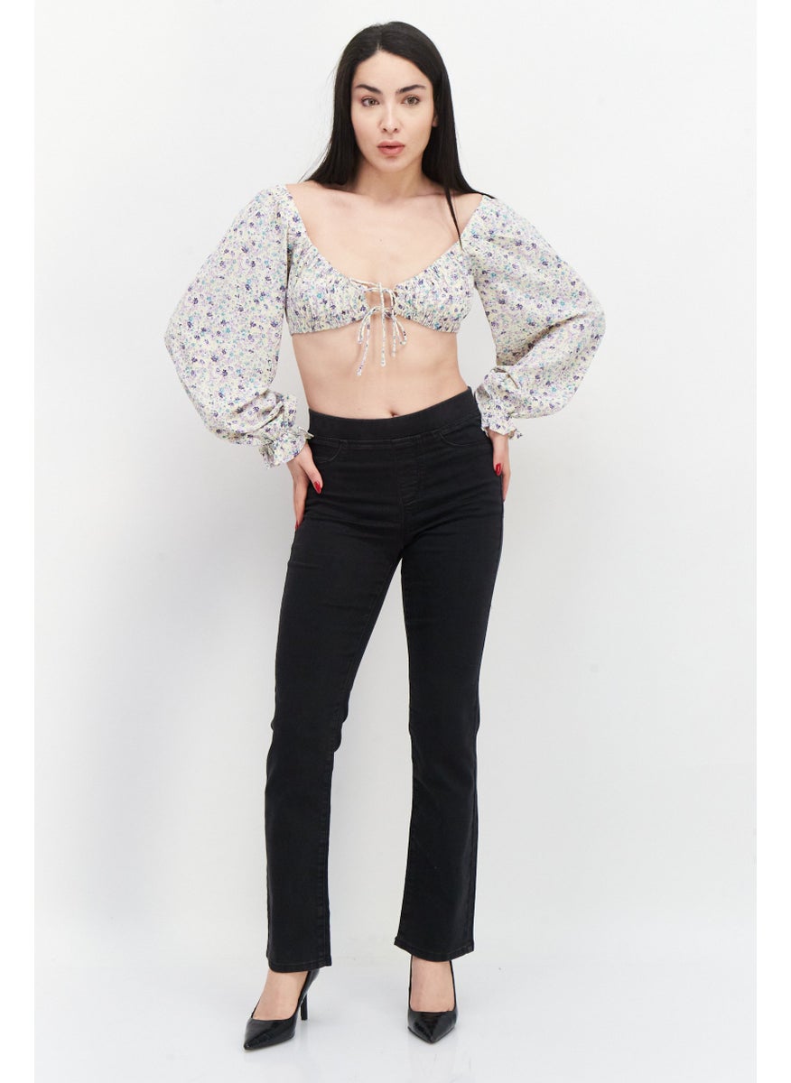 Love Triangle - Women Tie Neck Balloon Sleeve Floral Pattern Crop Top, Yellow - Image 1