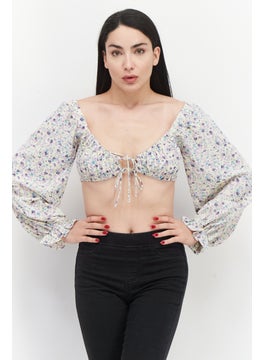 Women Tie Neck Balloon Sleeve Floral Pattern Crop Top, Yellow