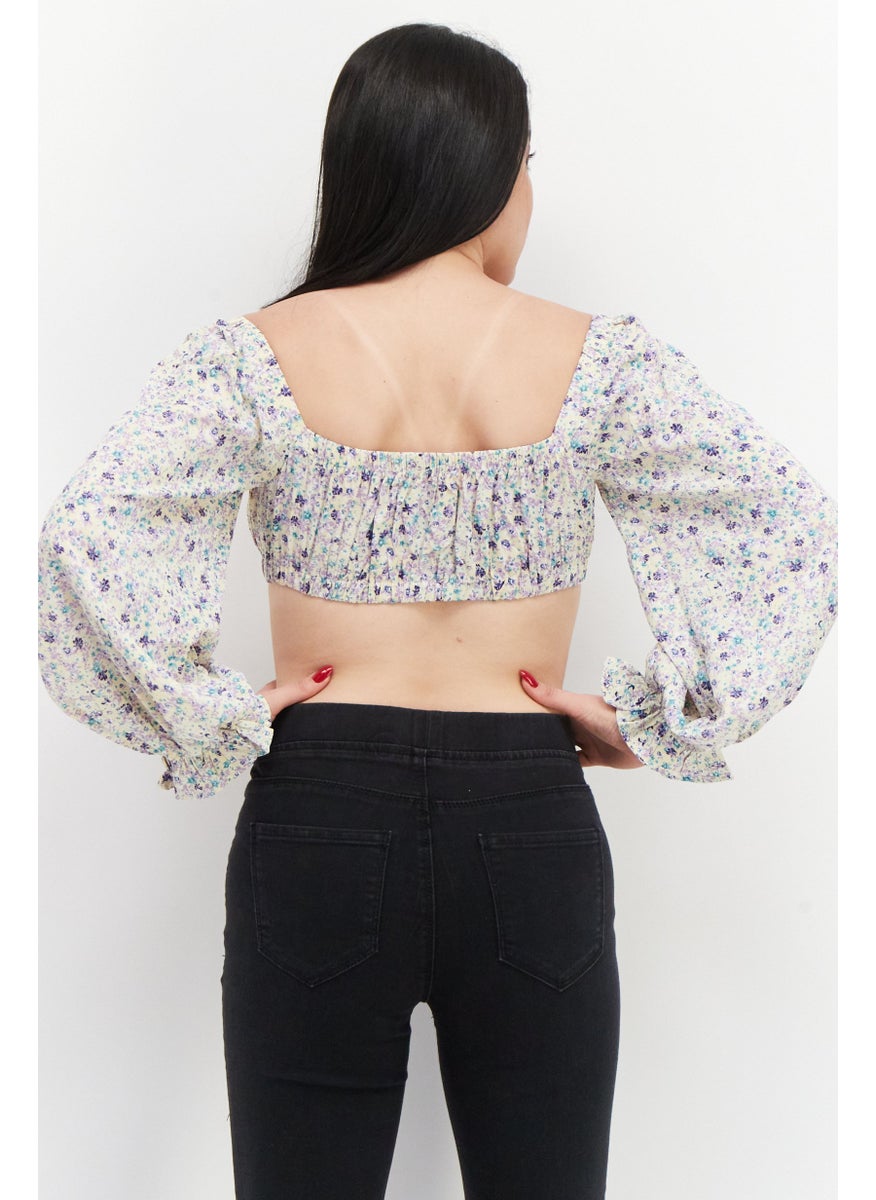 Love Triangle - Women Tie Neck Balloon Sleeve Floral Pattern Crop Top, Yellow - Image 1