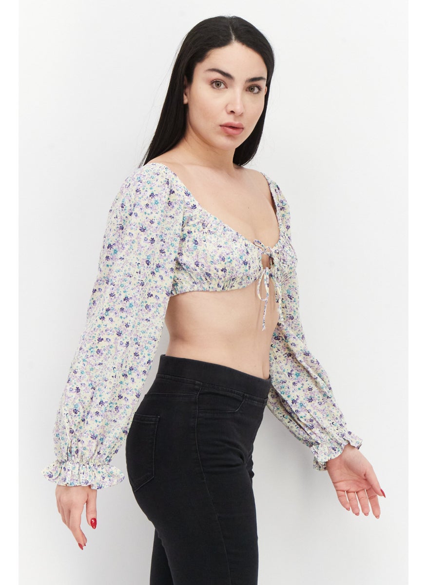 Love Triangle - Women Tie Neck Balloon Sleeve Floral Pattern Crop Top, Yellow - Image 1