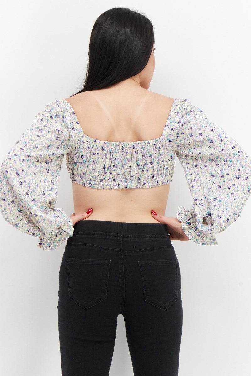 Love Triangle Women Tie Neck Balloon Sleeve Floral Pattern Crop Top, Multicolor - Image 2