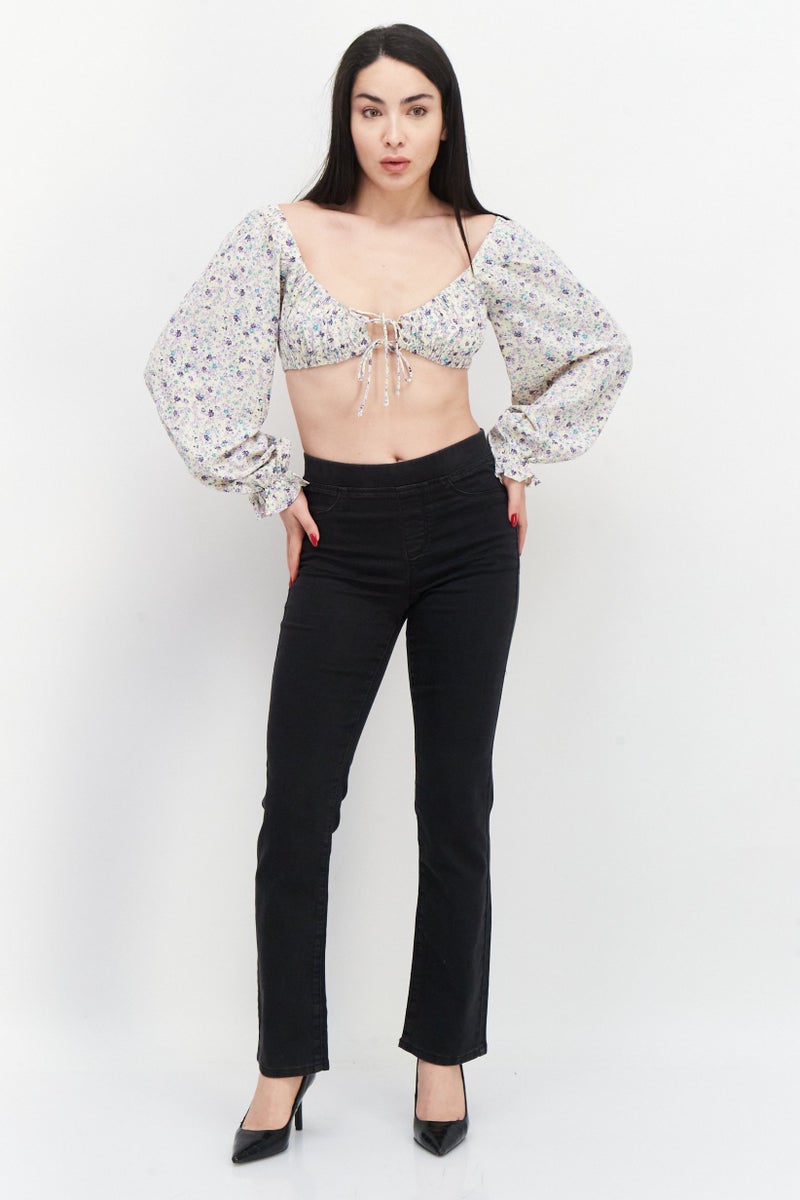 Love Triangle Women Tie Neck Balloon Sleeve Floral Pattern Crop Top, Multicolor - Image 4