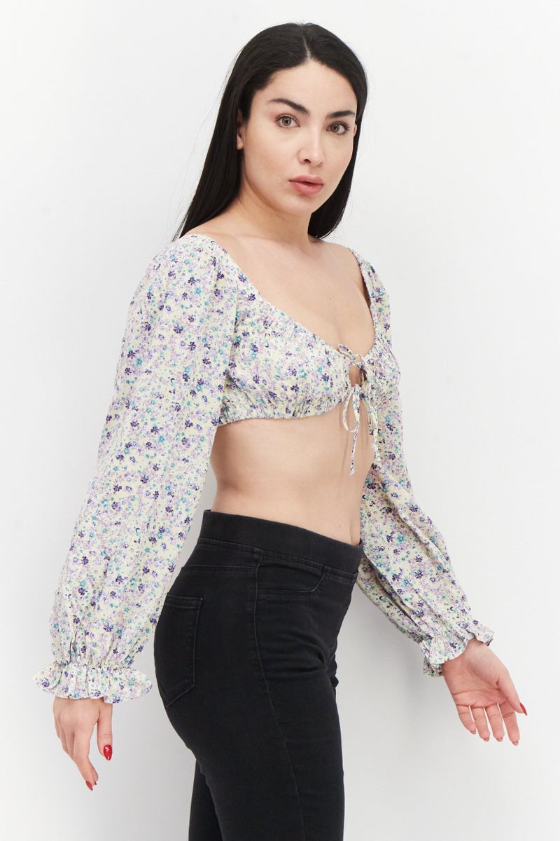 Love Triangle Women Tie Neck Balloon Sleeve Floral Pattern Crop Top, Multicolor - Image 3