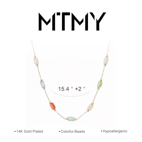 MTMY Beaded Necklaces for Women 14K Gold Plated Dainty Colorful Green/Rose Beaded Pearl Choker Necklace Delicate Boho Choker Necklace Jewelry Gift (mixed color cuboid) - Image 5