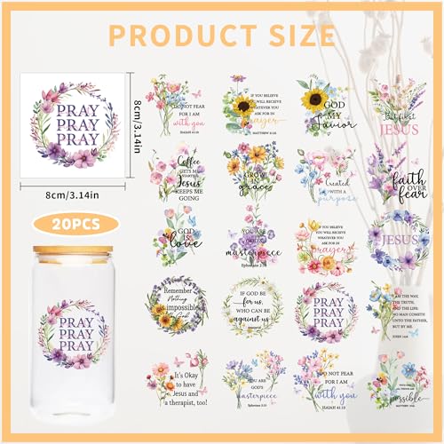 CRASHOT UV DTF Cup Wraps - 20 Sheet Bible Verse UV DTF Transfer Stickers, Christian UVDTF Cup Wraps for 16 oz, Inspirational Quotes, Flower Style Rub on Transfer for Glass, DIY Crafts - Image 3