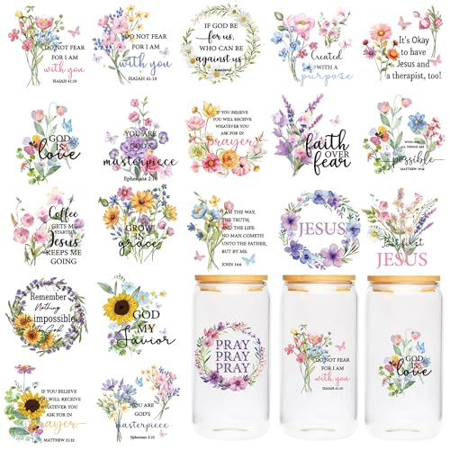 CRASHOT UV DTF Cup Wraps - 20 Sheet Bible Verse UV DTF Transfer Stickers, Christian UVDTF Cup Wraps for 16 oz, Inspirational Quotes, Flower Style Rub on Transfer for Glass, DIY Crafts - Image 1