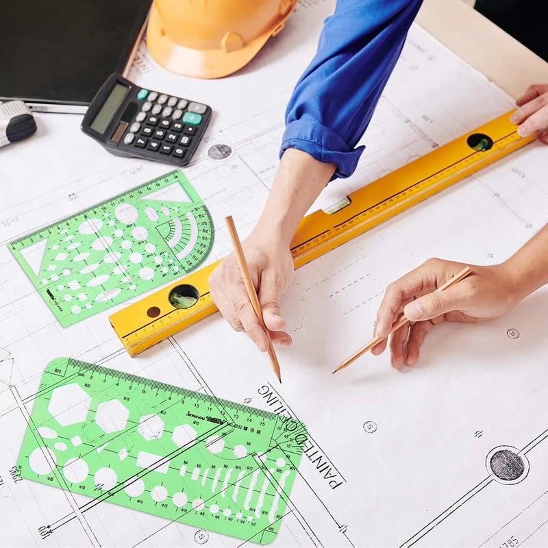 DSUWAZU 15-Piece Geometric Drawing Templates Set - Transparent Green Plastic Ruler for Office and Study - Image 5