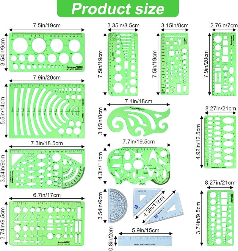 DSUWAZU 15-Piece Geometric Drawing Templates Set - Transparent Green Plastic Ruler for Office and Study - Image 2