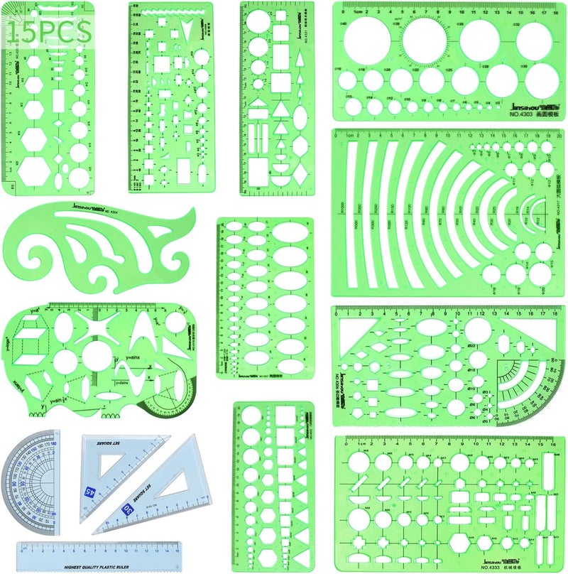 DSUWAZU 15-Piece Geometric Drawing Templates Set - Transparent Green Plastic Ruler for Office and Study - Image 1