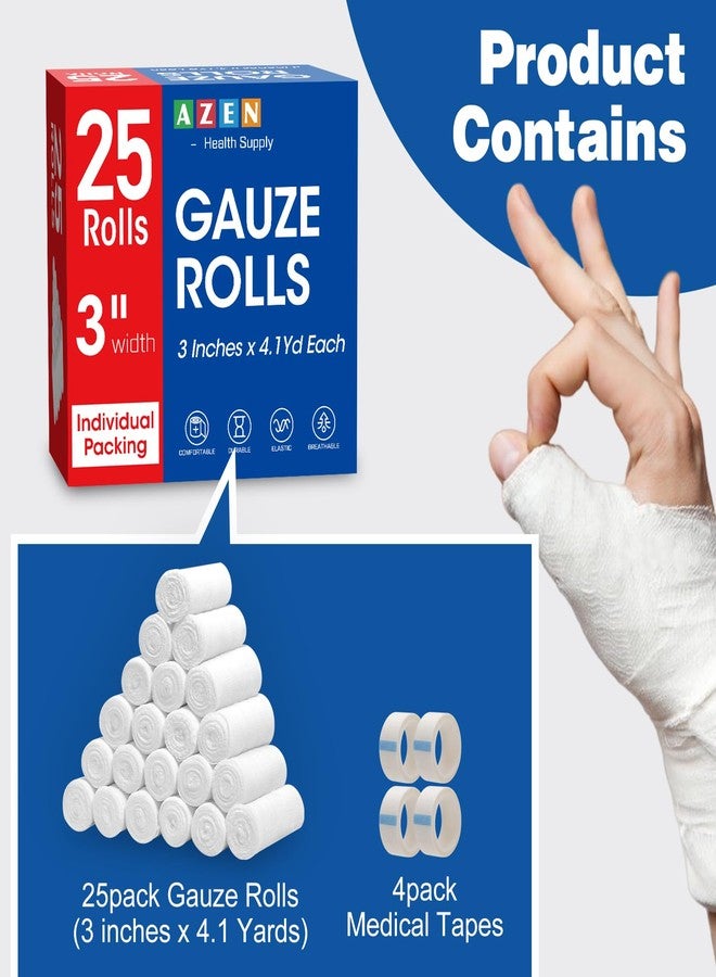 AZEN 25 Pack Gauze Rolls Bandages, 3 in x 4.1 Yards, Premium Medical Supplies & First Aid Supplies, Bandage Wrap Vet Wrap, Mummy Wraps - Image 3