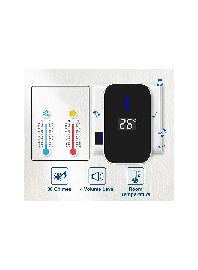promass Wireless Doorbell with Thermometer, Mini Waterproof Ring Doorbell, Self powered No Battery Required Door Bell Kit for Home, with 38 Melodies 4 Volume Levels (white, 1 Transmitter+1 Receiver) - Image 3