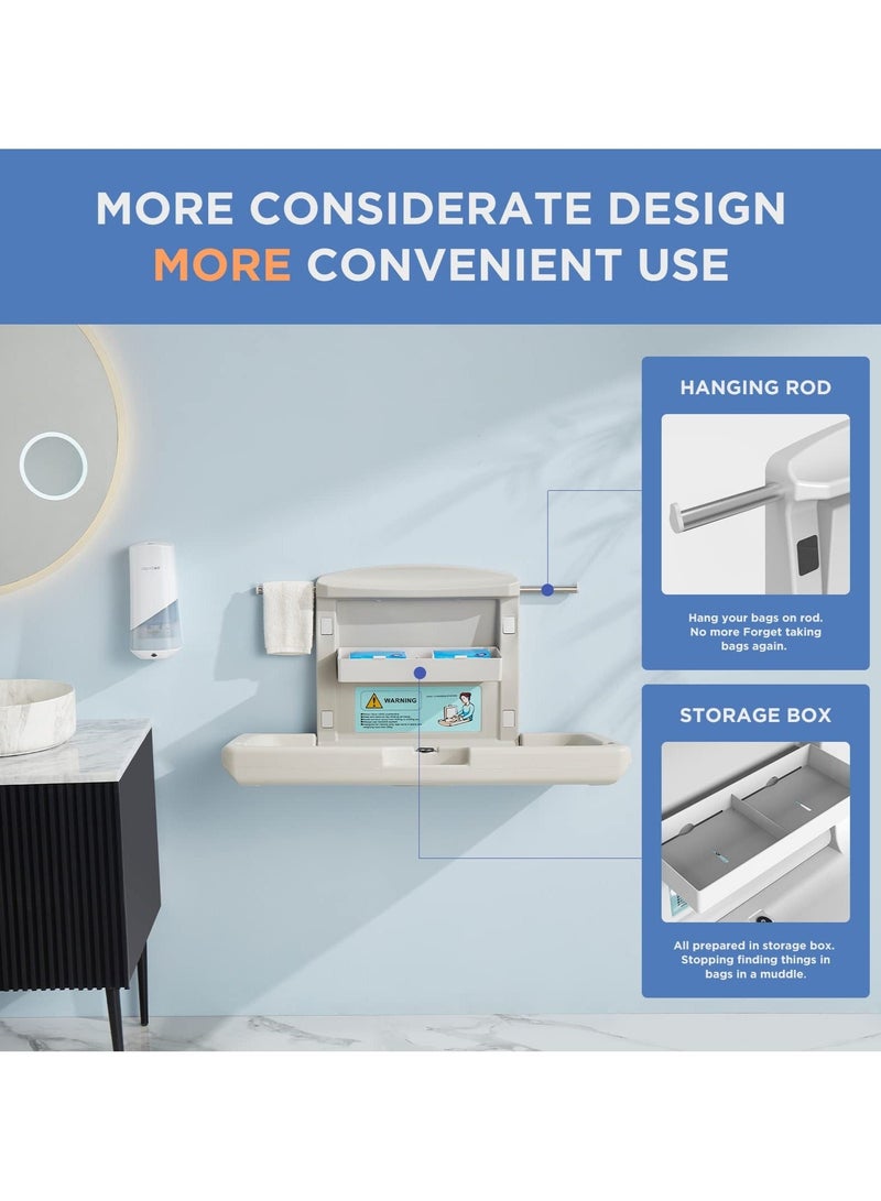 WALALLA Wall-Mounted Baby Changing Station, Horizontal Foldable Diaper Change Table with Safety Straps and Hanging Rods, Use in Home Commercial Bathrooms, Daycare Centers for Newborns & Infant - Image 3