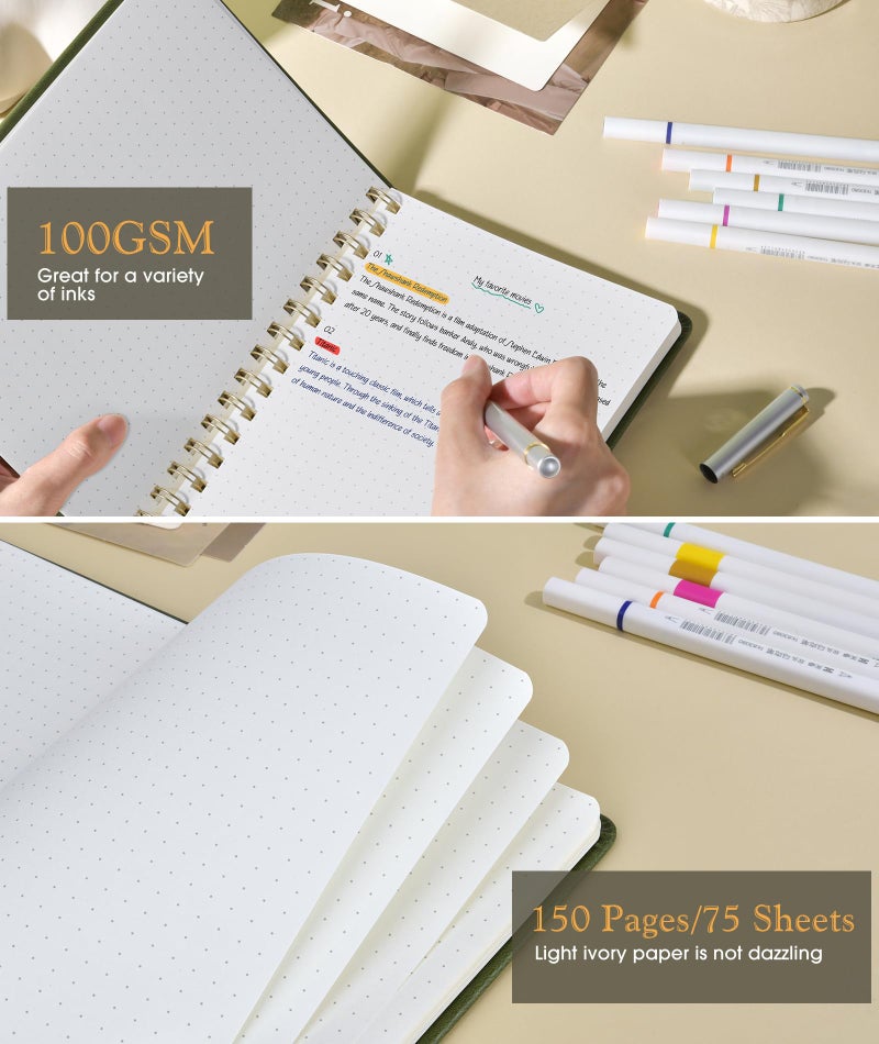 PAPEJOON Dotted Spiral Journal Notebook, A5 Hardcover Spiral Journals for Women Men, 100 GSM Dot Grid Paper Notebooks, 150 Pages Spiral Bullet Dotted Notebook for Writing Note Taking 5.75" x 8.38" Olive Green - Image 4