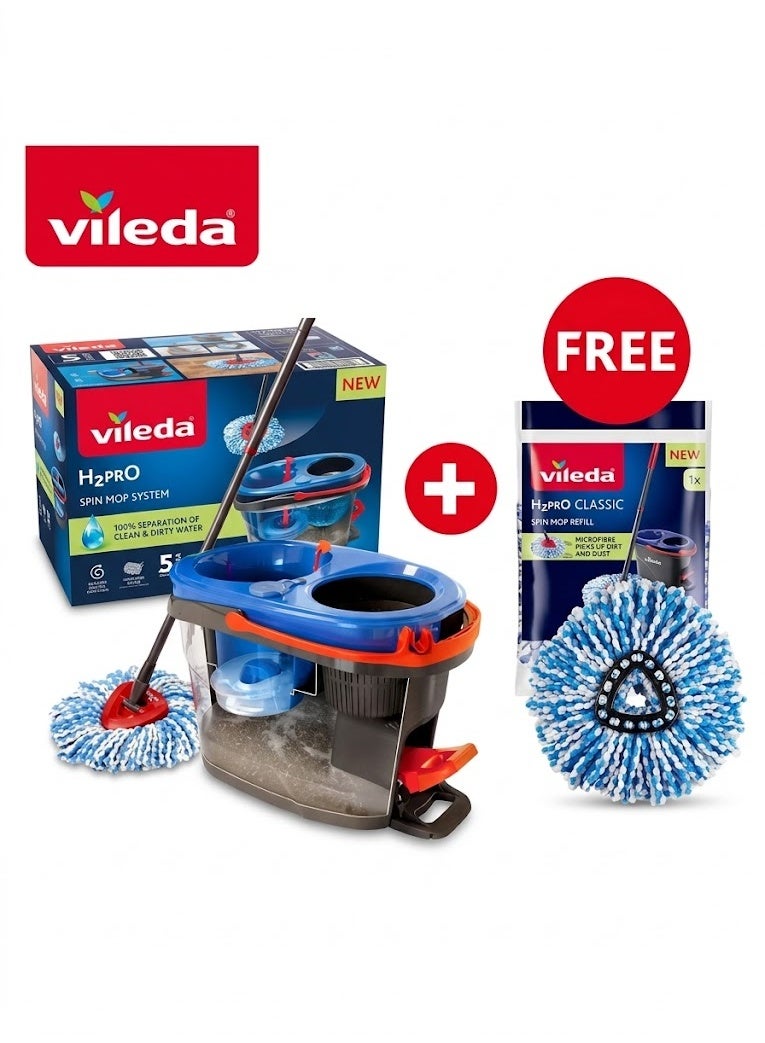 Vileda H2PrO Spin Mop & Bucket System with FREE Extra Refill Head – Dual-Chamber Clean/Dirty Water Separation, Foot Pedal Wringing, Triangle Head for Corners - Image 1