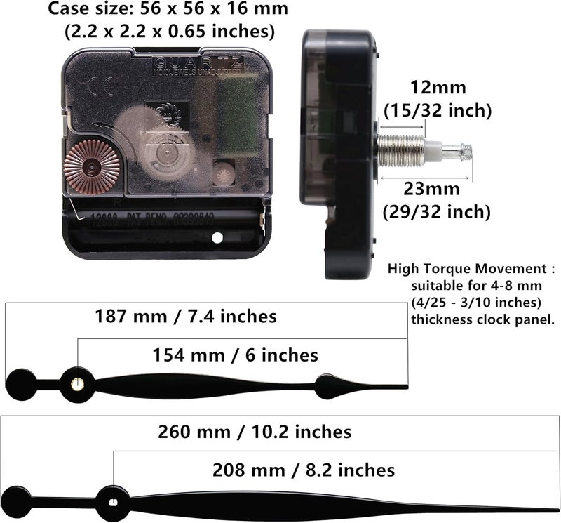 TIKROUND Quartz DIY Wall Clock Movement Mechanisms Battery Powered DIY Repair Parts Replacement with 260 mm/ 10.2 Inch Long Spade Hands,3/10 Inch Maximum Dial Thickness,29/32 Inch Total Shaft Length. - Image 2