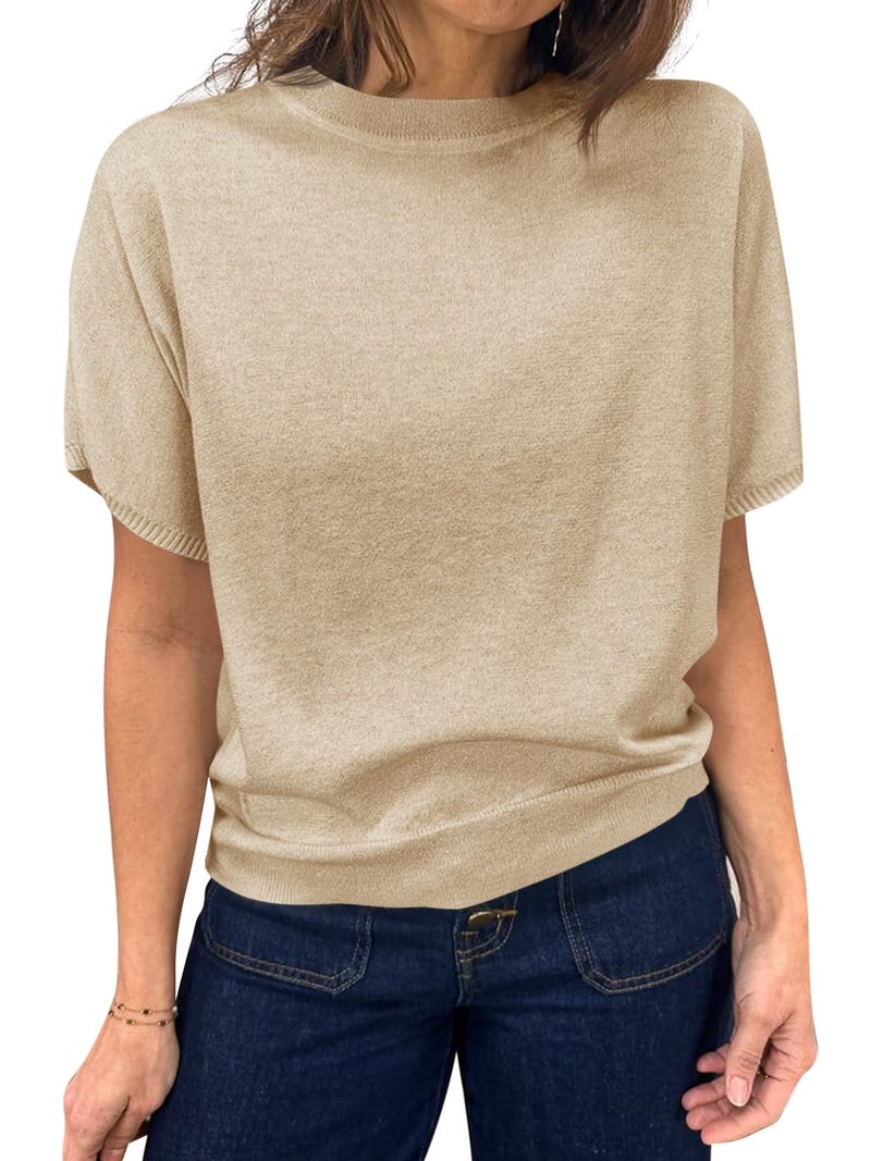 Saodimallsu Womens Short Sleeve Sweater Casual Basic Crew Neck Loose Knit Pullover Tops Summer Lightweight Blouses Apricot - Image 1