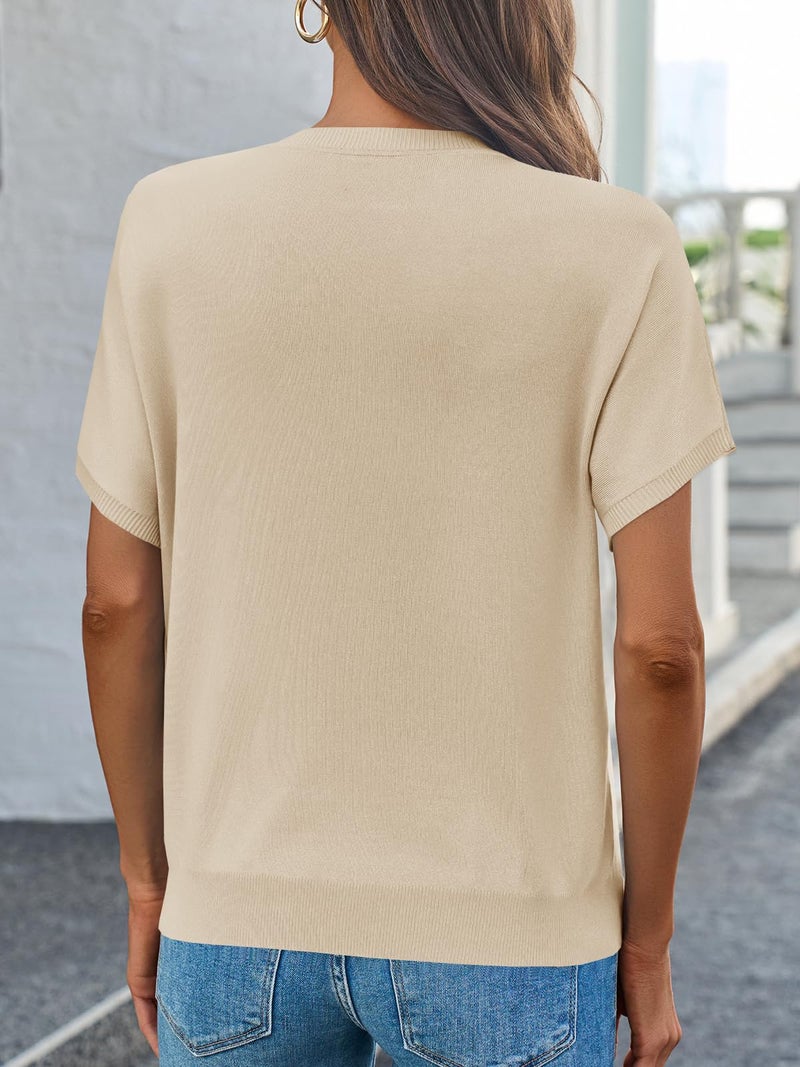 Saodimallsu Womens Short Sleeve Sweater Casual Basic Crew Neck Loose Knit Pullover Tops Summer Lightweight Blouses Apricot - Image 5