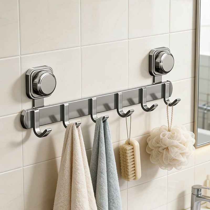 Grey 7 Hooks No Drill Suction Cup Rack For Coats Bags Towels Hats - Image 1
