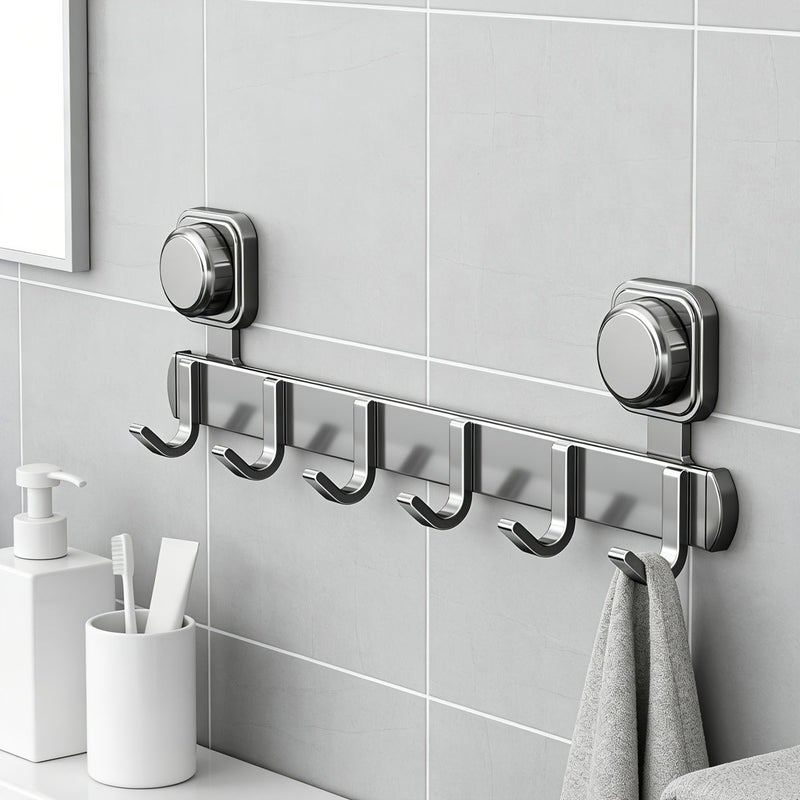 Grey 7 Hooks No Drill Suction Cup Rack For Coats Bags Towels Hats - Image 2