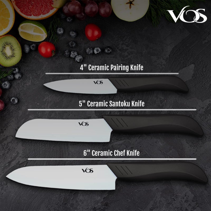 Vos Ceramic Knife Set in Elegant Gift Box, Ceramic Knives Set For Kitchen, Ultra Sharp Kitchen Knife Set with Covers, 4" 5" 6" Paring, Santoku & Chef Knife, Lightweight, Dishwasher safe (Black Handle) - Image 2