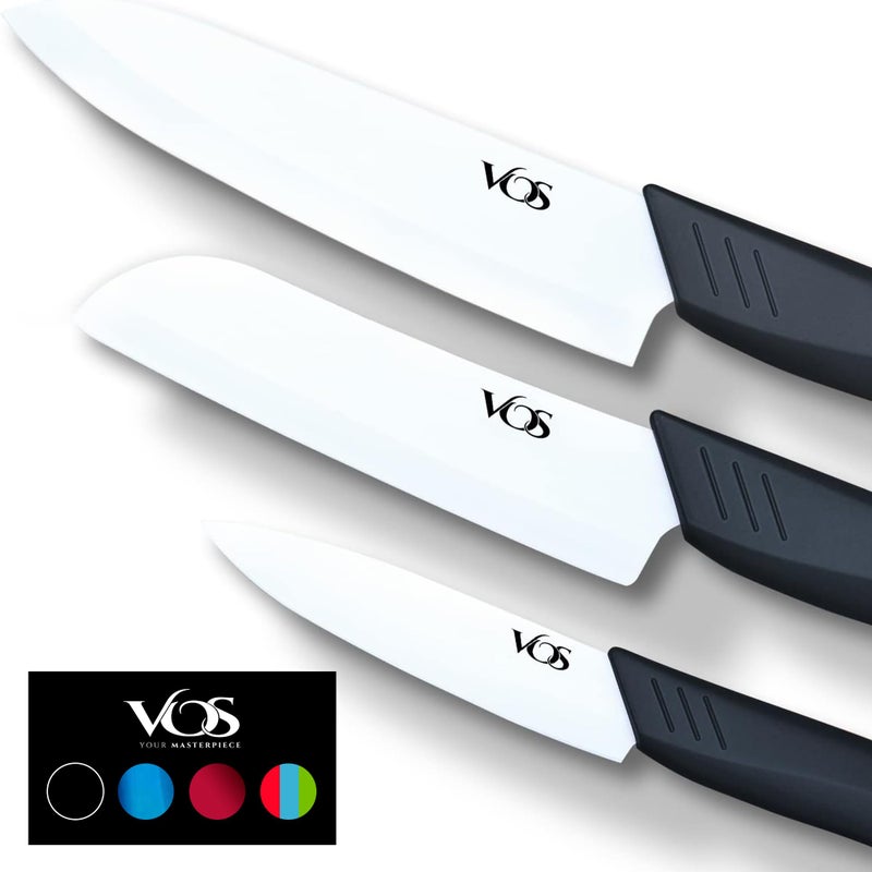 Vos Ceramic Knife Set in Elegant Gift Box, Ceramic Knives Set For Kitchen, Ultra Sharp Kitchen Knife Set with Covers, 4" 5" 6" Paring, Santoku & Chef Knife, Lightweight, Dishwasher safe (Black Handle) - Image 1