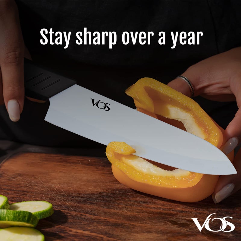 Vos Ceramic Knife Set in Elegant Gift Box, Ceramic Knives Set For Kitchen, Ultra Sharp Kitchen Knife Set with Covers, 4" 5" 6" Paring, Santoku & Chef Knife, Lightweight, Dishwasher safe (Black Handle) - Image 3