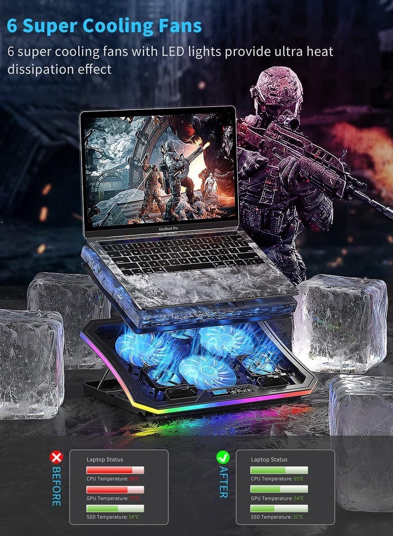Loquat Laptop Cooling Pad, RGB Lights Laptop Cooler 6 Fans for 15.6-17.3 Inch Laptops, 7 Height Stands, 10 Modes Light, 2 USB Ports, Desk or Lap Use (A8,Blue) - Image 2