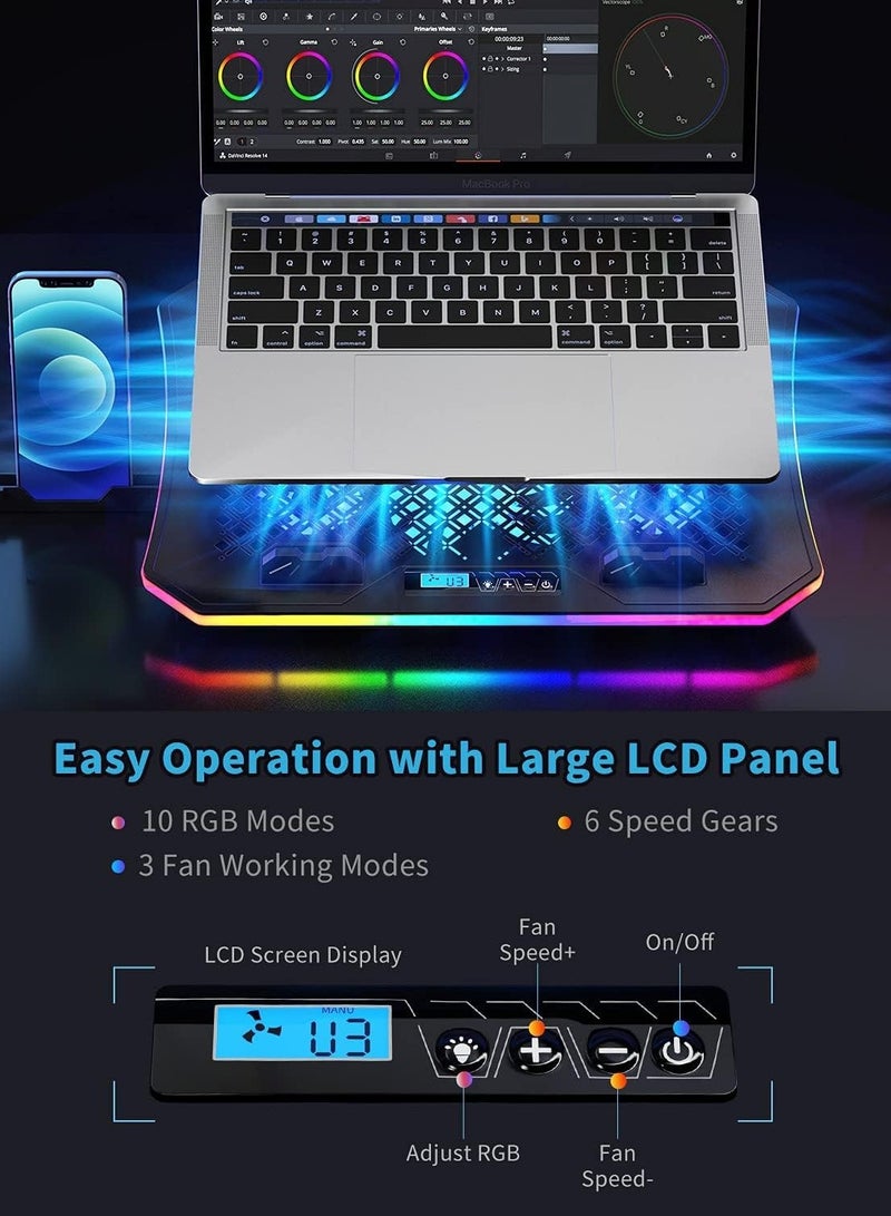 Loquat Laptop Cooling Pad, RGB Lights Laptop Cooler 6 Fans for 15.6-17.3 Inch Laptops, 7 Height Stands, 10 Modes Light, 2 USB Ports, Desk or Lap Use (A8,Blue) - Image 5