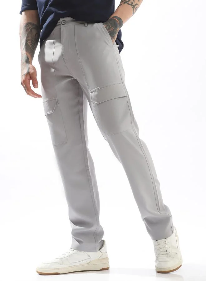 هاي ستار بنطلون رمادي رجالي بأزرار سادة وخصر متوسط