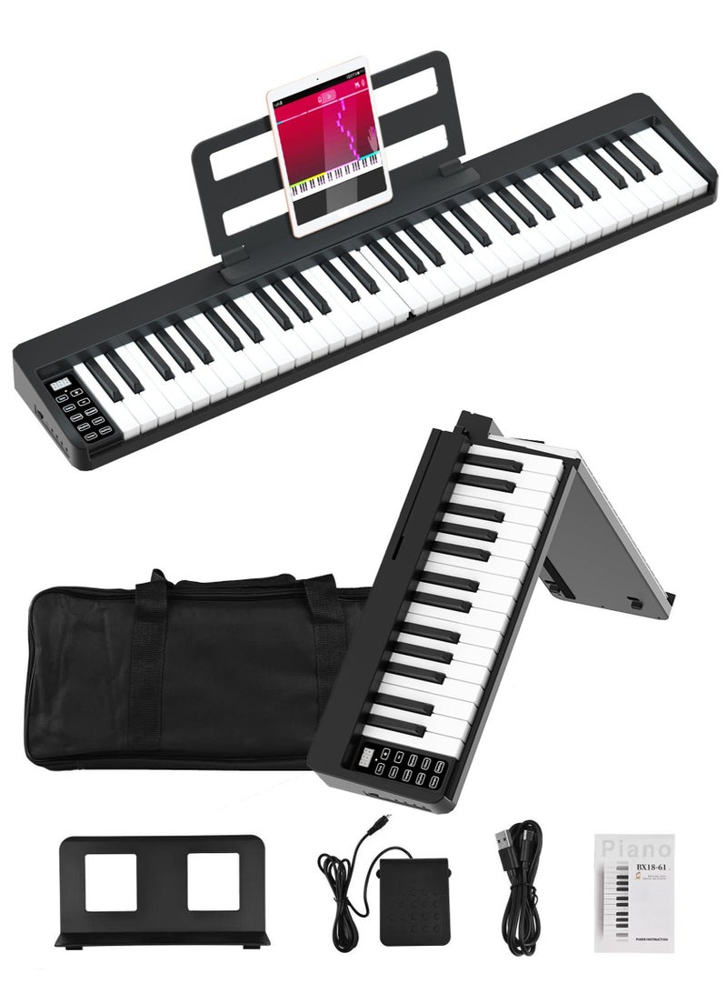 بيانو رقمي قابل للطي، 61 مفتاحًا، لوحة مفاتيح محمولة للمبتدئين والبالغين مع حقيبة حمل، ومحول طاقة، وحامل - أسود - Image 1