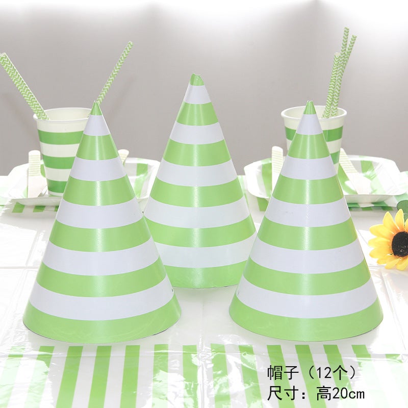Green Striped Tablecloth Disposable Tableware Paper Plate Paper Cup Popcorn Box Birthday Hat Afternoon Tea Cake Paper Plate 12 paper hats with thread buckle, 20cm high 
