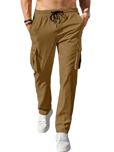 Comdecevis Men's Casual Cargo Pants Workout Joggers Stretch Sweatpants Hiking Drawstring Tactical Pants with Multi Pockets Brown - Image 2