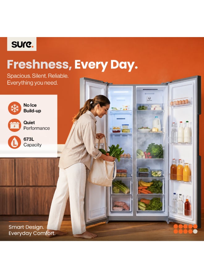 SURE 673L Gross, 403L Net Side-by-Side Refrigerator, 270L Freezer Capacity, Inverter Compressor, Frost Free, Touch Control Panel, LED Door Display, Silent Operation, Inox Finish, RSF-673 RSF-673 Inox Finish - Image 2