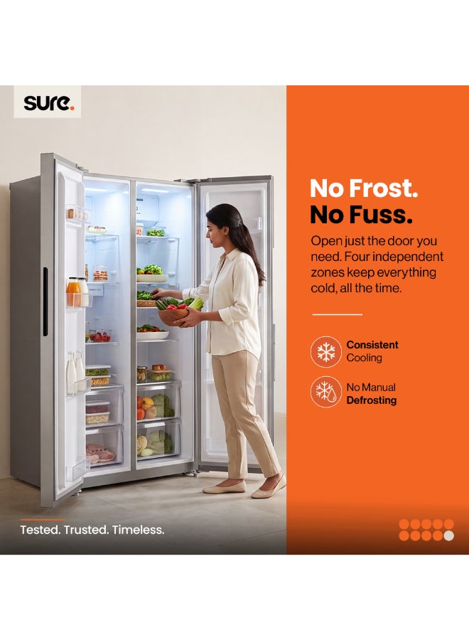 SURE 673L Gross, 403L Net Side-by-Side Refrigerator, 270L Freezer Capacity, Inverter Compressor, Frost Free, Touch Control Panel, LED Door Display, Silent Operation, Inox Finish, RSF-673 RSF-673 Inox Finish - Image 3