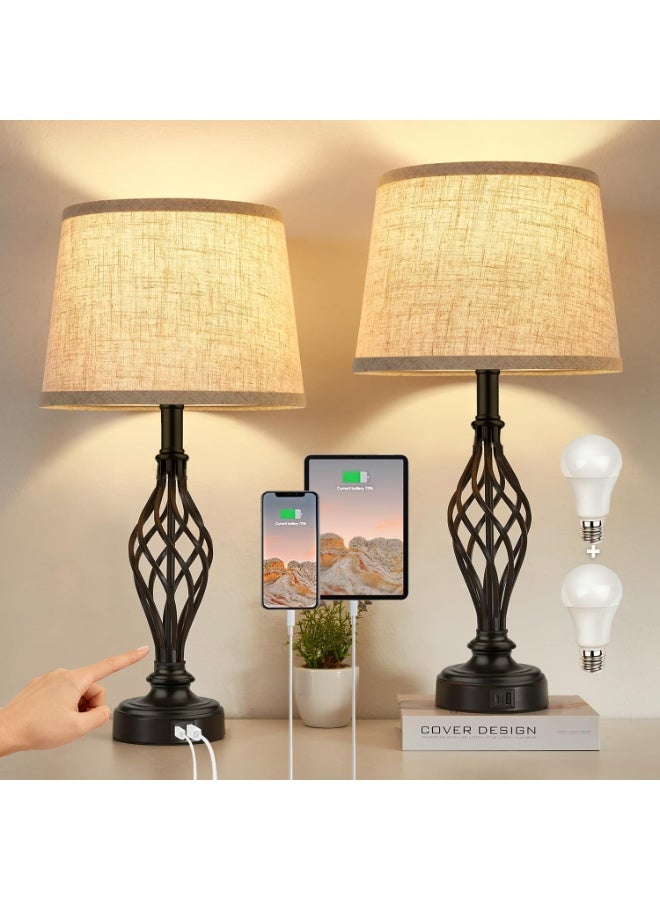 اكسيسن 2 مصابيح طاولة مع منافذ USB C+A ، تحكم باللمس بثلاثة ألوان، 2 لمبات LED مضمنة،  مصباح طاولة بجانب السرير مع غطاء قماشي، قاعدة قفص لولبية لغرفة النوم، غرفة المعيشة، المنزل - Image 1