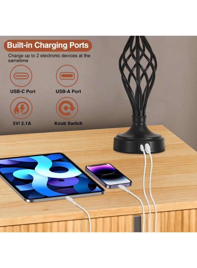 اكسيسن 2 مصابيح طاولة مع منافذ USB C+A ، تحكم باللمس بثلاثة ألوان، 2 لمبات LED مضمنة،  مصباح طاولة بجانب السرير مع غطاء قماشي، قاعدة قفص لولبية لغرفة النوم، غرفة المعيشة، المنزل - Image 2