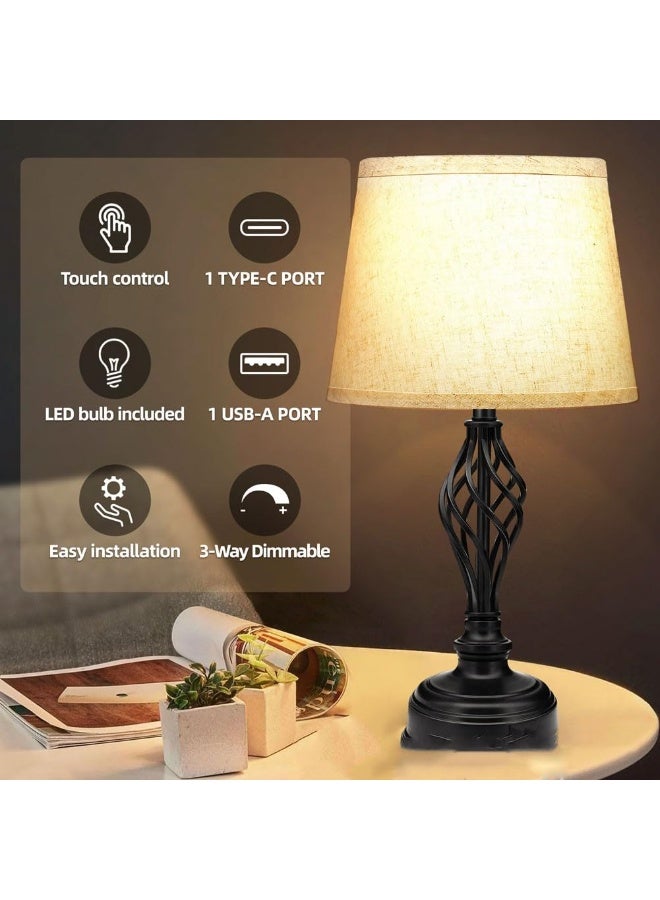 اكسيسن 2 مصابيح طاولة مع منافذ USB C+A ، تحكم باللمس بثلاثة ألوان، 2 لمبات LED مضمنة،  مصباح طاولة بجانب السرير مع غطاء قماشي، قاعدة قفص لولبية لغرفة النوم، غرفة المعيشة، المنزل - Image 4