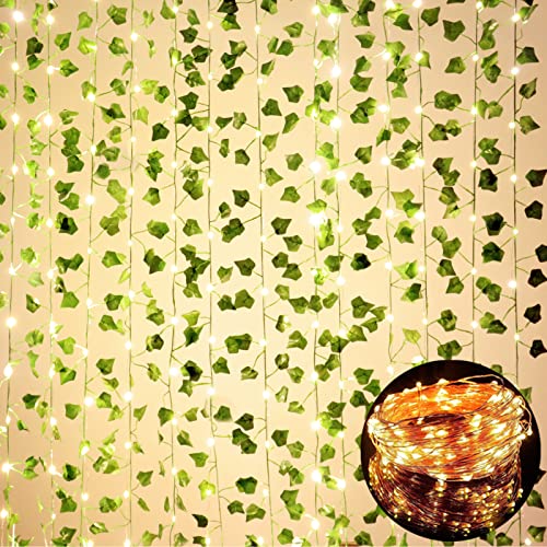 Comtelek 12 Pack Fake Vines for Room Decor with 100 LED String Light Artificial Ivy Garland Hanging Plants Faux Greenery Leaves Bedroom Aesthetic Decor for Home Garden Wall Wedding - Image 1