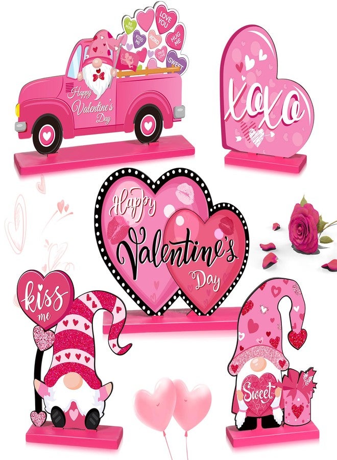 Capoda 5 Pieces Valentine's Day Wooden Table Sign Decoration Freestanding Table Centerpiece Sign Romantic Truck Heart Shape Home Decor Tiered Tray Gnome Valentines Day Accessories (Pink) - Image 1