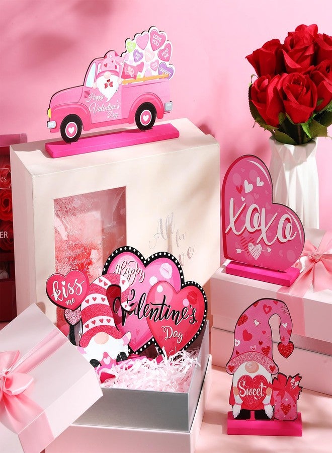 Capoda 5 Pieces Valentine's Day Wooden Table Sign Decoration Freestanding Table Centerpiece Sign Romantic Truck Heart Shape Home Decor Tiered Tray Gnome Valentines Day Accessories (Pink) - Image 4