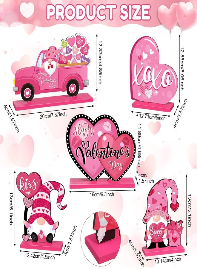 Capoda 5 Pieces Valentine's Day Wooden Table Sign Decoration Freestanding Table Centerpiece Sign Romantic Truck Heart Shape Home Decor Tiered Tray Gnome Valentines Day Accessories (Pink) - Image 2