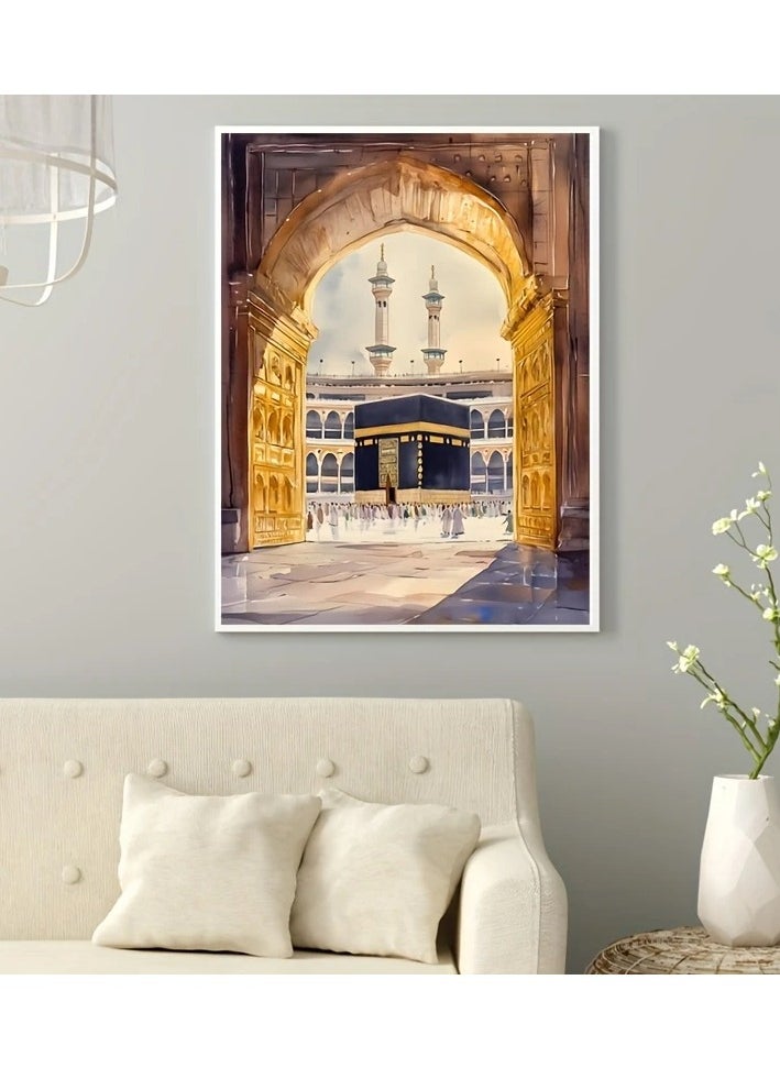 Generic Modern, beautiful and elegant watercolor canvas wall art of the Holy Kaaba in shades of gold. A bright and relaxing Islamic architectural style painting without any frame. An elegant decorative element for the home or even in hotel corridors, bedrooms, living rooms, halls, home prayer room, office, cafe, restaurant, hospital corridors, or an ideal artistic gift for special people. It can be given as a gift to a person performing Umrah, on the occasion of Hajj, or in Ramadan. You can add a wooden frame to it, or you can even hang the painting with clips without any frame. Its size is 40*60 cm without a frame.  - Image 1
