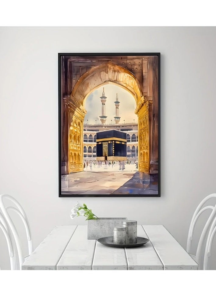Generic Modern, beautiful and elegant watercolor canvas wall art of the Holy Kaaba in shades of gold. A bright and relaxing Islamic architectural style painting without any frame. An elegant decorative element for the home or even in hotel corridors, bedrooms, living rooms, halls, home prayer room, office, cafe, restaurant, hospital corridors, or an ideal artistic gift for special people. It can be given as a gift to a person performing Umrah, on the occasion of Hajj, or in Ramadan. You can add a wooden frame to it, or you can even hang the painting with clips without any frame. Its size is 40*60 cm without a frame.  - Image 2