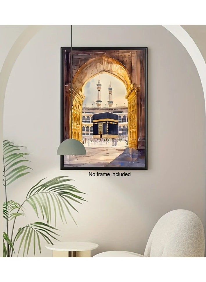 Generic Modern, beautiful and elegant watercolor canvas wall art of the Holy Kaaba in shades of gold. A bright and relaxing Islamic architectural style painting without any frame. An elegant decorative element for the home or even in hotel corridors, bedrooms, living rooms, halls, home prayer room, office, cafe, restaurant, hospital corridors, or an ideal artistic gift for special people. It can be given as a gift to a person performing Umrah, on the occasion of Hajj, or in Ramadan. You can add a wooden frame to it, or you can even hang the painting with clips without any frame. Its size is 40*60 cm without a frame.  - Image 3