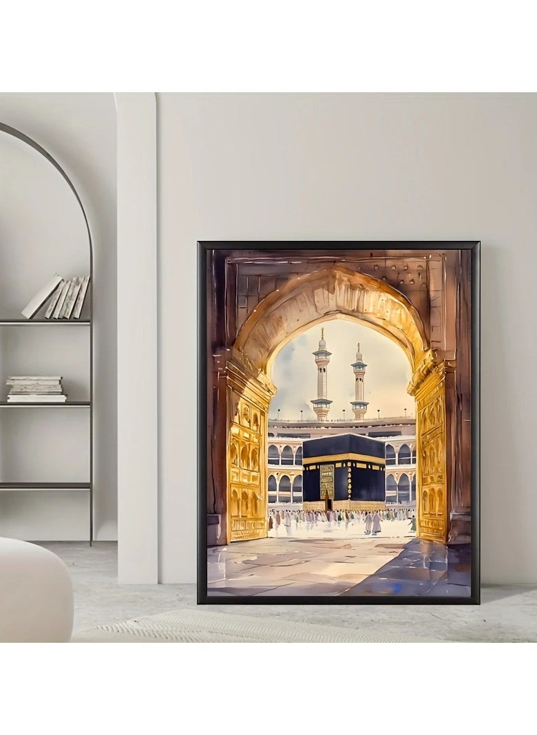 Generic Modern, beautiful and elegant watercolor canvas wall art of the Holy Kaaba in shades of gold. A bright and relaxing Islamic architectural style painting without any frame. An elegant decorative element for the home or even in hotel corridors, bedrooms, living rooms, halls, home prayer room, office, cafe, restaurant, hospital corridors, or an ideal artistic gift for special people. It can be given as a gift to a person performing Umrah, on the occasion of Hajj, or in Ramadan. You can add a wooden frame to it, or you can even hang the painting with clips without any frame. Its size is 40*60 cm without a frame.  - Image 4