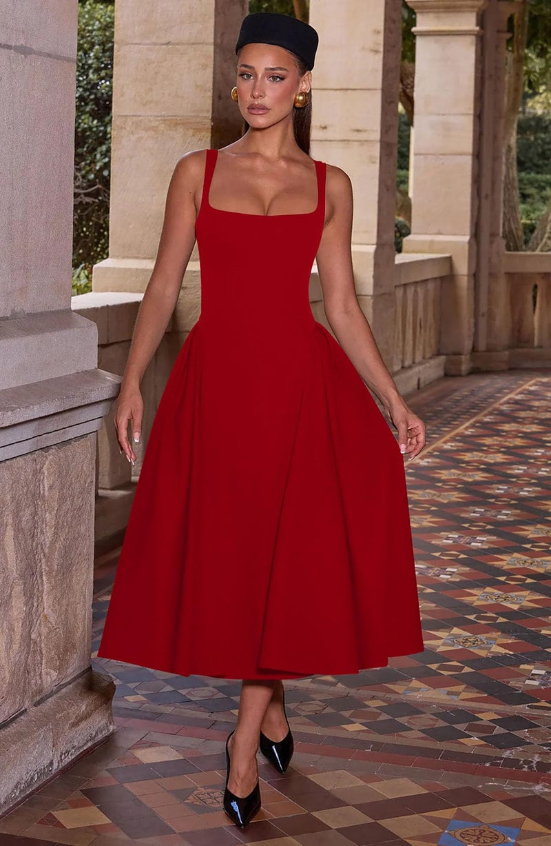 Memoriesea Women's Elegant Square Neck Swing A Line Wedding Evening Party Midi Dress Red - Image 5