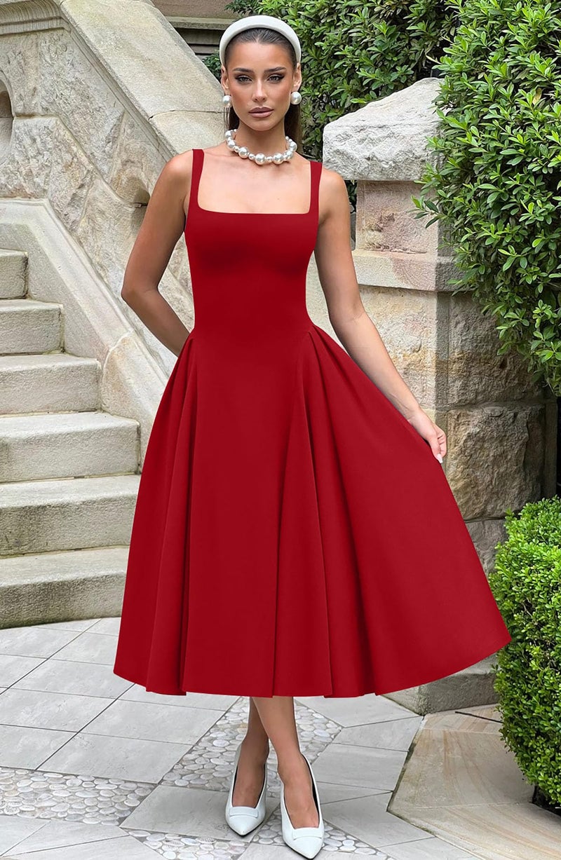 Memoriesea Women's Elegant Square Neck Swing A Line Wedding Evening Party Midi Dress Red - Image 4